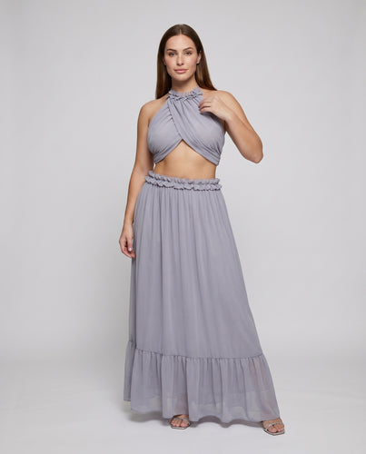 Damen Chiffon-Abendkleid Cutouts Blütenapplikation Halterkragen