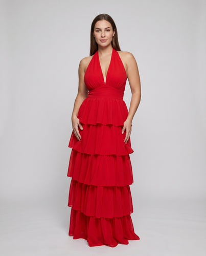 Damen Neckholder Maxikleid Stufensaum Taillenband Fließend