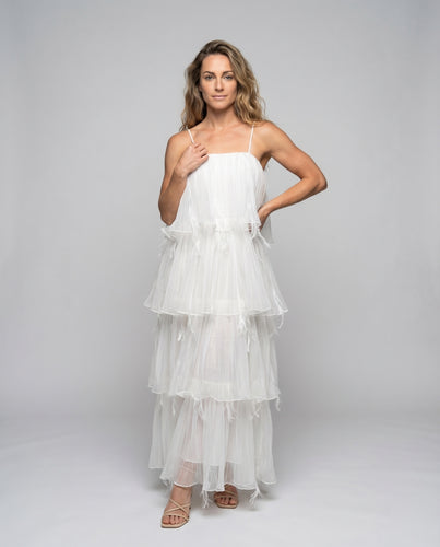 Damen Mehrlagiges Kleid Plissierte Volants Carmen-Ausschnitt