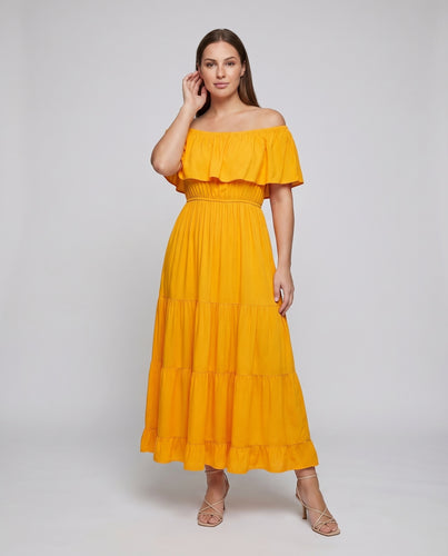 Damen Maxikleid Volantkragen Stufenweiser Rock Schulterfrei