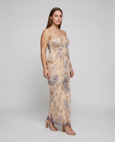 Damen Drapé-Bustierkleid Korsage Floralprint Bodenlang