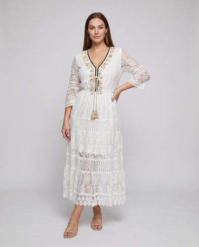 Damen Boho-Spitzenkleid Gehäkelter Stufenrock Quasten V-Ausschnitt