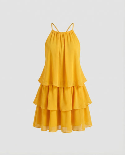 Damen Lagen-Minikleid Asymmetrischer Stufenrock Neckholder Kurz