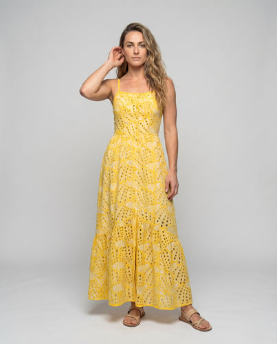 Damen Broderie-Mix Kleid Unterbrustband Geflochtene Träger Bodenlang