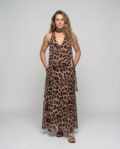 Damen Leopardenmuster-Kleid Halstuch-Bindung Beinschlitz Bodenlang