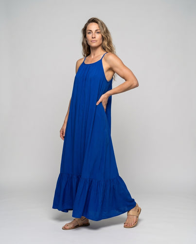 Damen Maxi-Strandkleid Seitliche Taschen Volantabschluss Gerader Schnitt