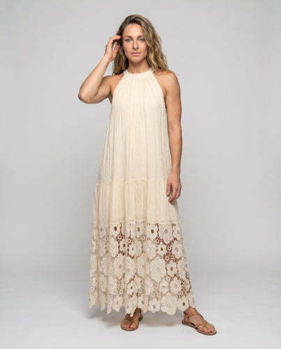 Damen Maxikleid Stehkragen Plissee-Oberteil Häkelspitzen-Saum