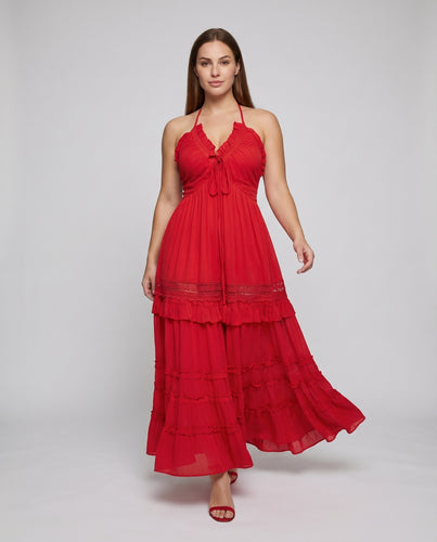 Damen Maxikleid Miederpartie Volant-Tellerrock Rüschendekor