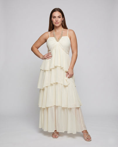 Damen Volant-Maxikleid Gedrehtes Bustier Spaghettiträger Mehrlagig
