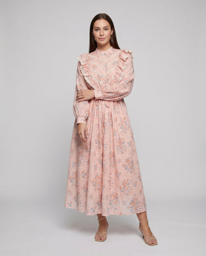 Damen Midikleid Lochstickerei Rüschenkragen Ballonärmel