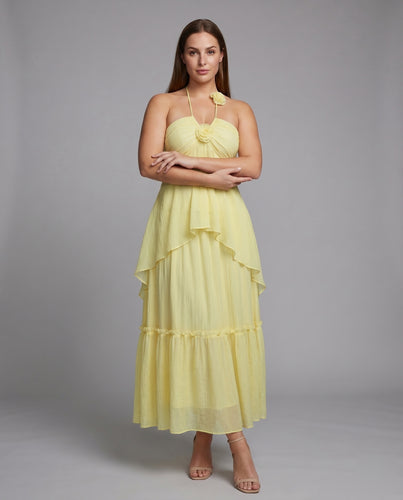 Damen Neckholder-Maxikleid Rosetten-Applikation Volantrock Plissiert