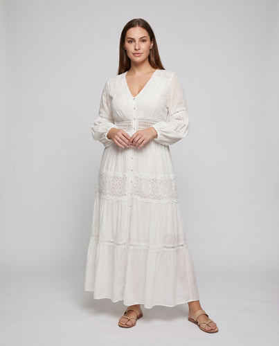 Damen Romantik-Lagenkleid Häkelbordüren Ballonärmel Baumwollvoile