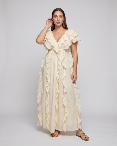 Damen Landhaus-Maxikleid V-Ausschnitt Volantärmel Kaskadenrüschen