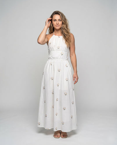 Damen Maxikleid Blumenstickerei Rückenfrei Verstellbarer Halter