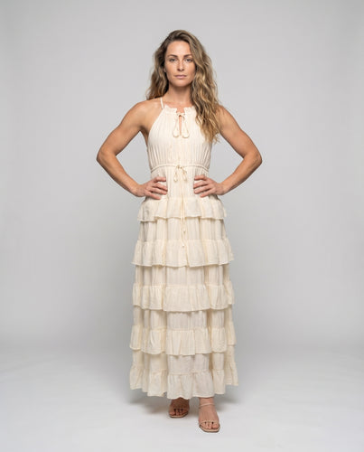 Damen Rüschen-Maxikleid Stufenrock Zarte Schleppe Rückenfrei