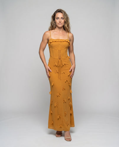 Damen Abendkleid Stützkonstruktion Blütenapplikationen Säulensilhouette
