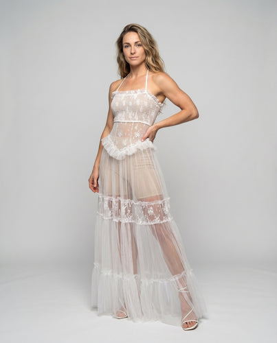 Damen Tüll-Abendkleid Korsagenbustier Spitzenapplikationen Stufenrock