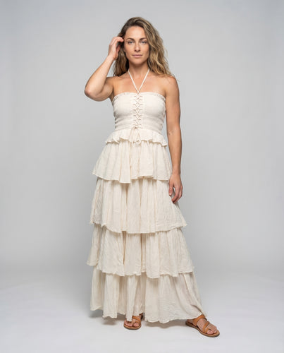Damen Lagen-Maxikleid Gerafftes Oberteil Knitterstufenrock Voluminös