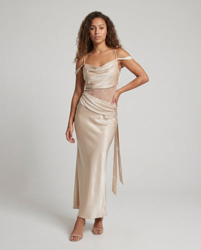 Damen Satin-Abendensemble Wasserfall-Ausschnitt Spitzen-Taille Zweiteilig