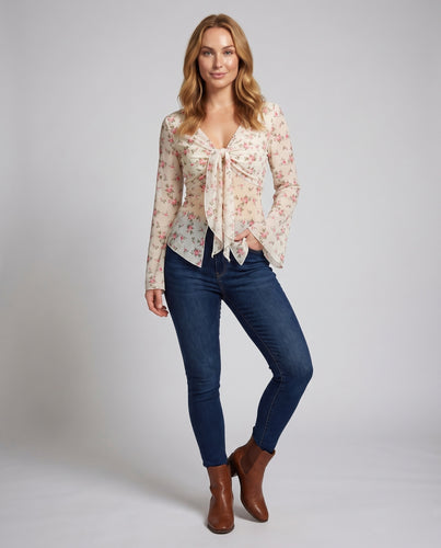 Damen Bluse mit floralem Design und raffiniertem V-Ausschnitt