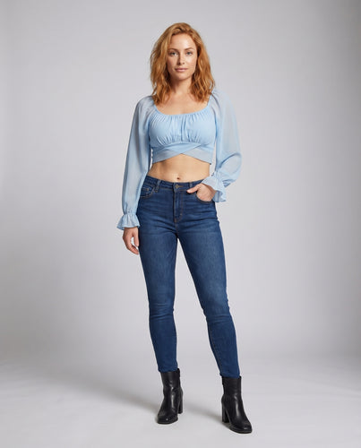 Damen Crop-Oberteil mit langen Puffärmeln und raffiniertem Knoten