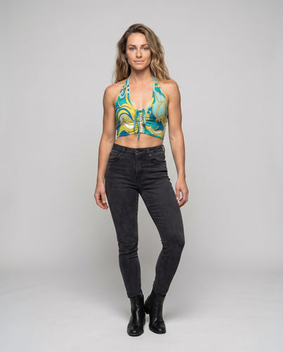 Damen Crop-Top mit verspieltem Kordelzug und floralem Muster