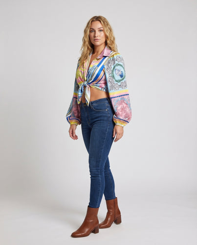 Damen cropped Knopfhimmel-Bluse mit übergroßen Ärmeln und modischem Knoten