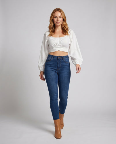 Damen cropped Oberteil mit voluminösen Ärmeln und elegantem Ausschnitt