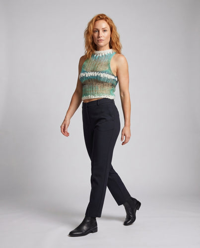 Damen Cropped Strickoberteil mit dekorativem Häkelrand