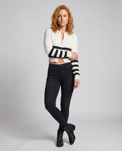 Damen Cropped Strickpullover mit breiten Streifen und hohem Kragen