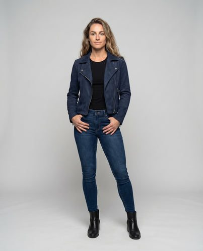 Damen elegante Bikerjacke mit asymmetrischem Reißverschluss und Motocross-Details
