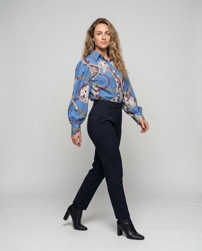 Damen elegante Bluse mit einzigartigem Kettenmuster und Puffärmeln