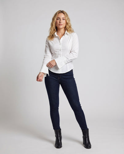 Damen elegante figurbetonte Bluse mit modernen Trompetenärmeln