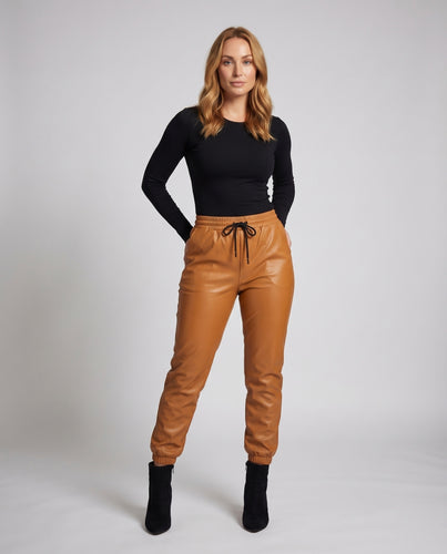 Damen elegante Kunstleder-Hose mit elastischem Bund und Kordelzug