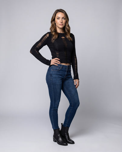 Damen elegantes, cut-out Strickoberteil mit Rippstruktur und langen Ärmeln