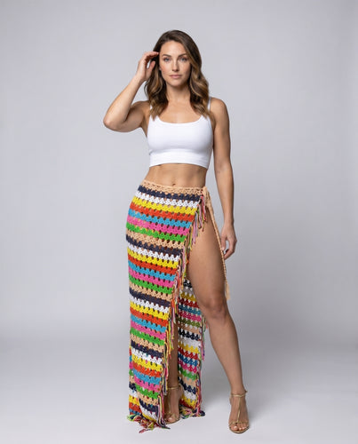 Damen gehäkelter Maxirock mit seitlichem Schlitz und buntem Streifendesign
