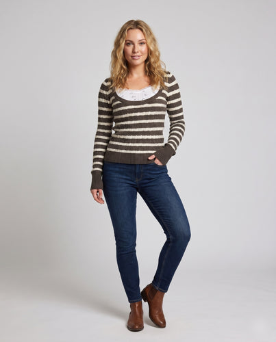 Damen gestreifter Langarm-Pullover mit elegantem Rundhalsausschnitt