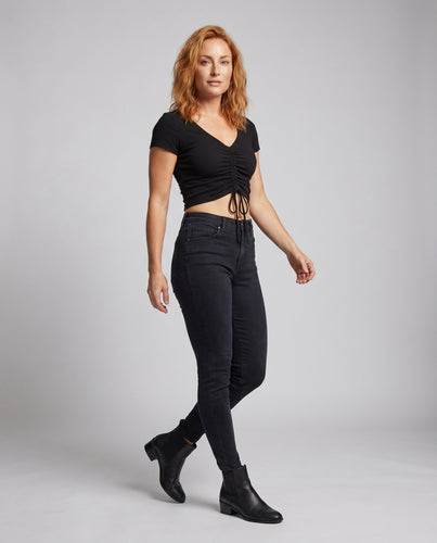 Damen Kurzärmliges Crop-Top mit Raffungen und Bindebändern