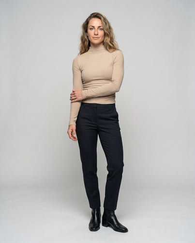 Damen langärmliges Oberteil mit hohem Kragen und elastischem Rippdesign