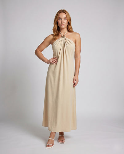 Damen lässiges Maxikleid mit raffiniertem Halterdesign und plissierten Details