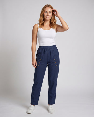 Damen lockere Freizeithose mit praktischen Taschen und dekorativen Knöpfen