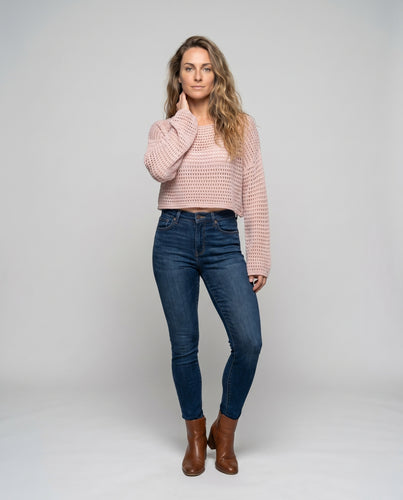 Damen luftiges, gehäkeltes Cropped Oberteil mit weitem Schnitt und langen Ärmeln