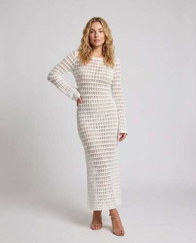 Damen luftiges, gehäkeltes Maxikleid mit langen, weiten Ärmeln