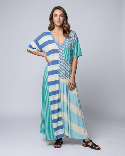 Damen luftiges Maxi-Kleid mit einzigartigem Streifen-Design und großzügigem Schnitt