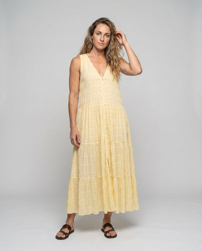 Damen luftiges Maxikleid mit tiefem V-Ausschnitt und Knopfdetails