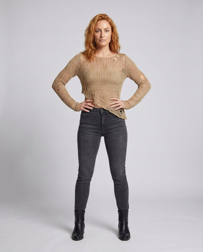 Damen luftiges Strickoberteil mit asymmetrischem Schnitt und offenen Maschen