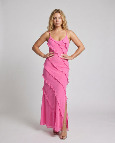 Damen Maxikleid mit fließenden Volantdetails und feinen Spaghetti-Trägern