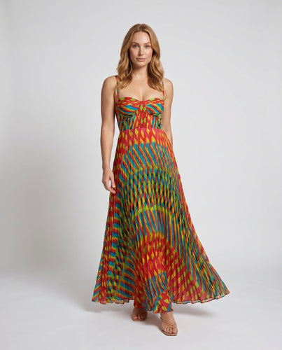 Damen Maxikleid mit modernen geometrischen Mustern und verspieltem Volantabschluss