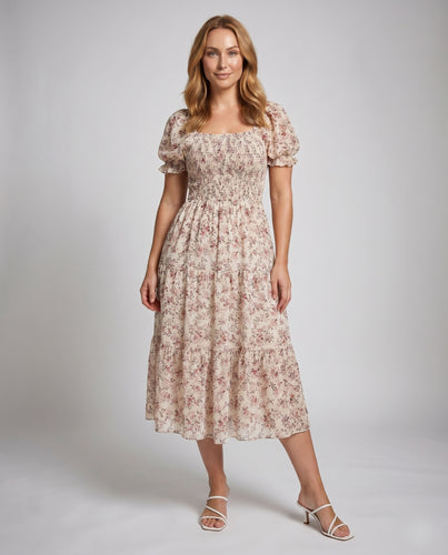 Damen Maxikleid mit Puffärmeln und elastischem Oberteil