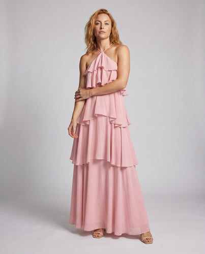 Damen Maxikleid mit schichtweise Rüschendesign und Trägern